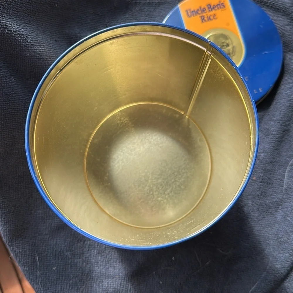 Vintage Uncle Ben’s Rice Blue and Orange Tin featuring the 1992 Winter Olympics